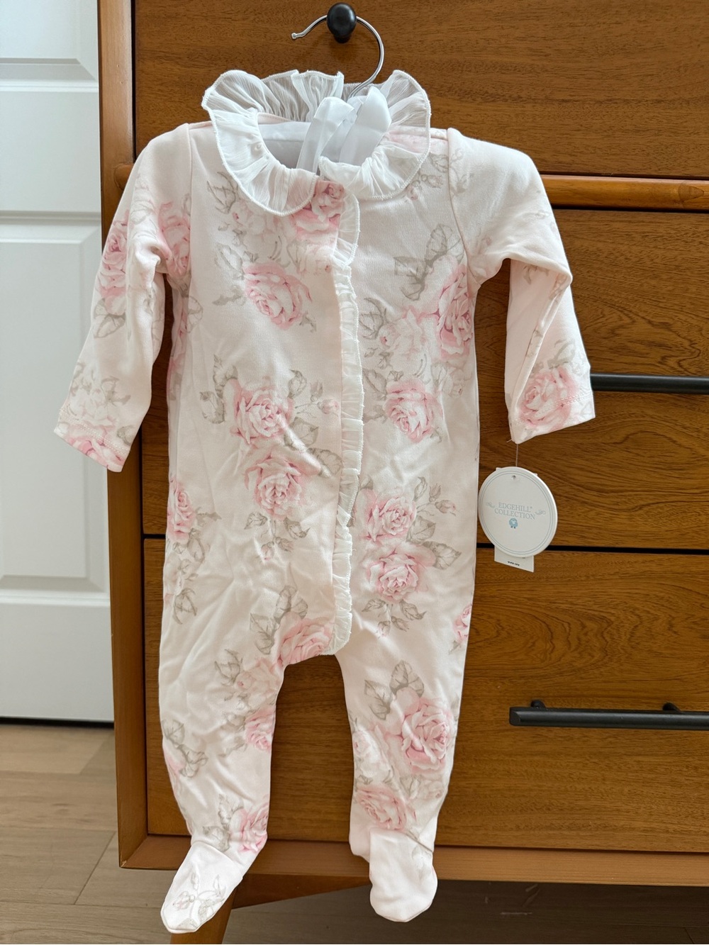 Edgehill Collection Pink Rose-Print Ruffle Collar Footie Size 6m